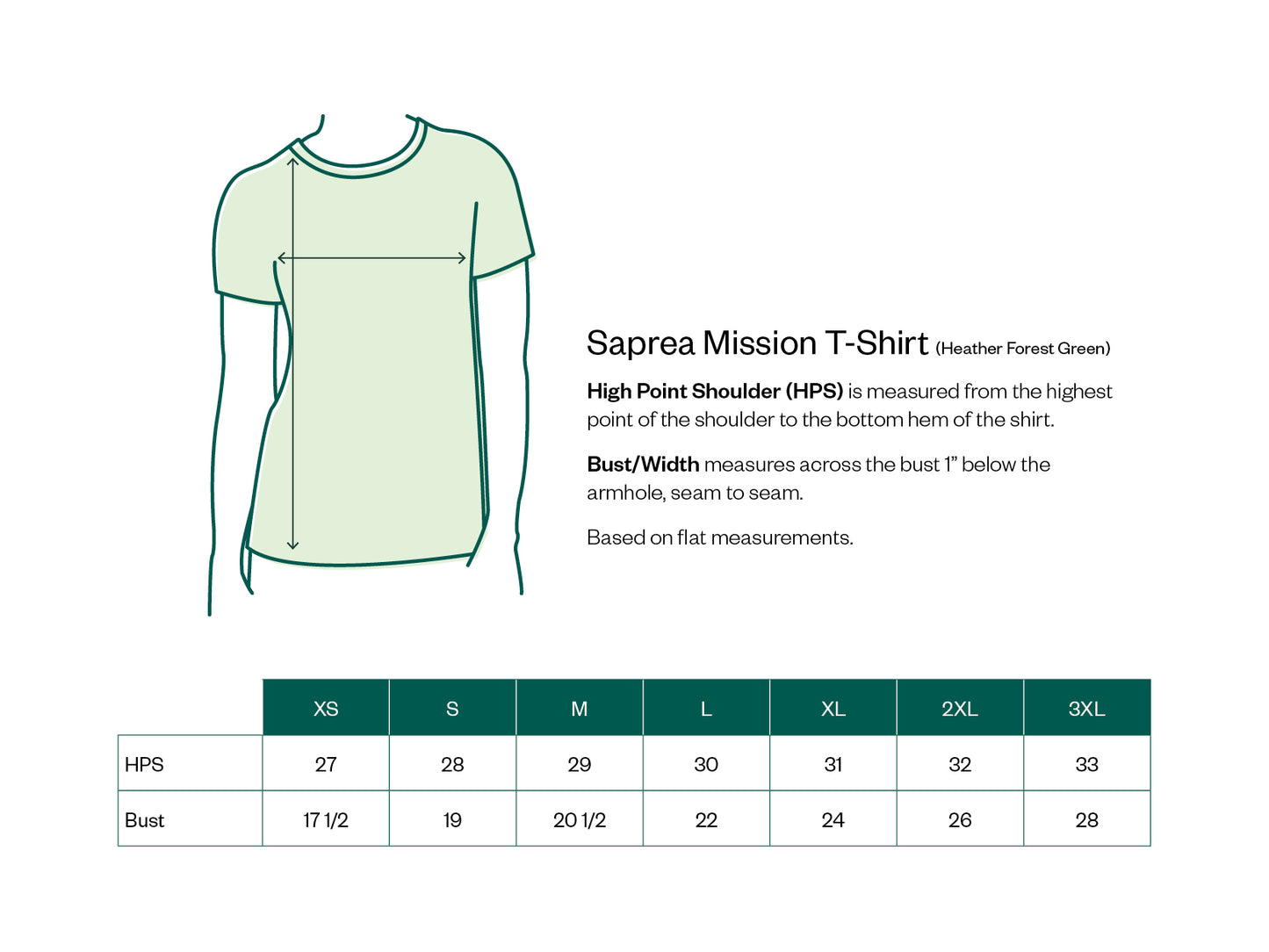 Sizing chart for the Saprea Mission t-shirt in Heather Forest Green